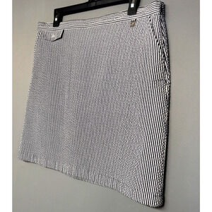 Anne Klein Skirt Womens 12 Navy White Striped Seersucker Cotton Blend Side Zip
